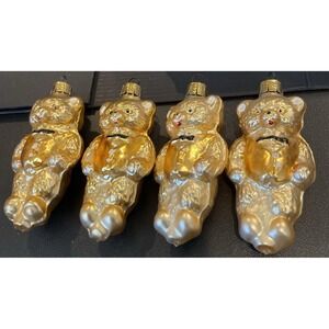 Vintage Mercury Glass 4 Golden Teddy Bear‎ Christmas Ornaments Gold Vest Bow Tie